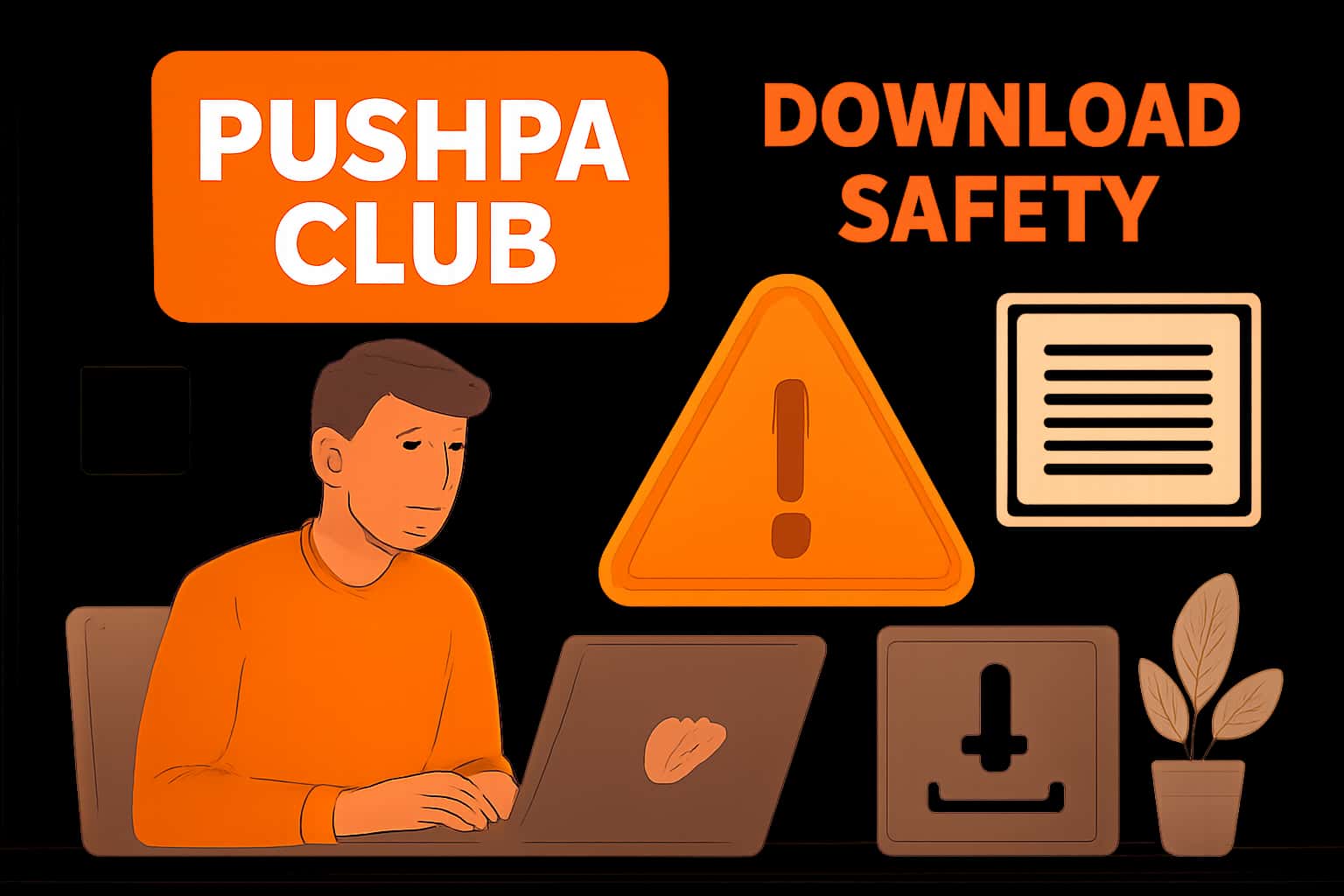 An informative scene illustrating safety in downloading the Pushpa Club app.
