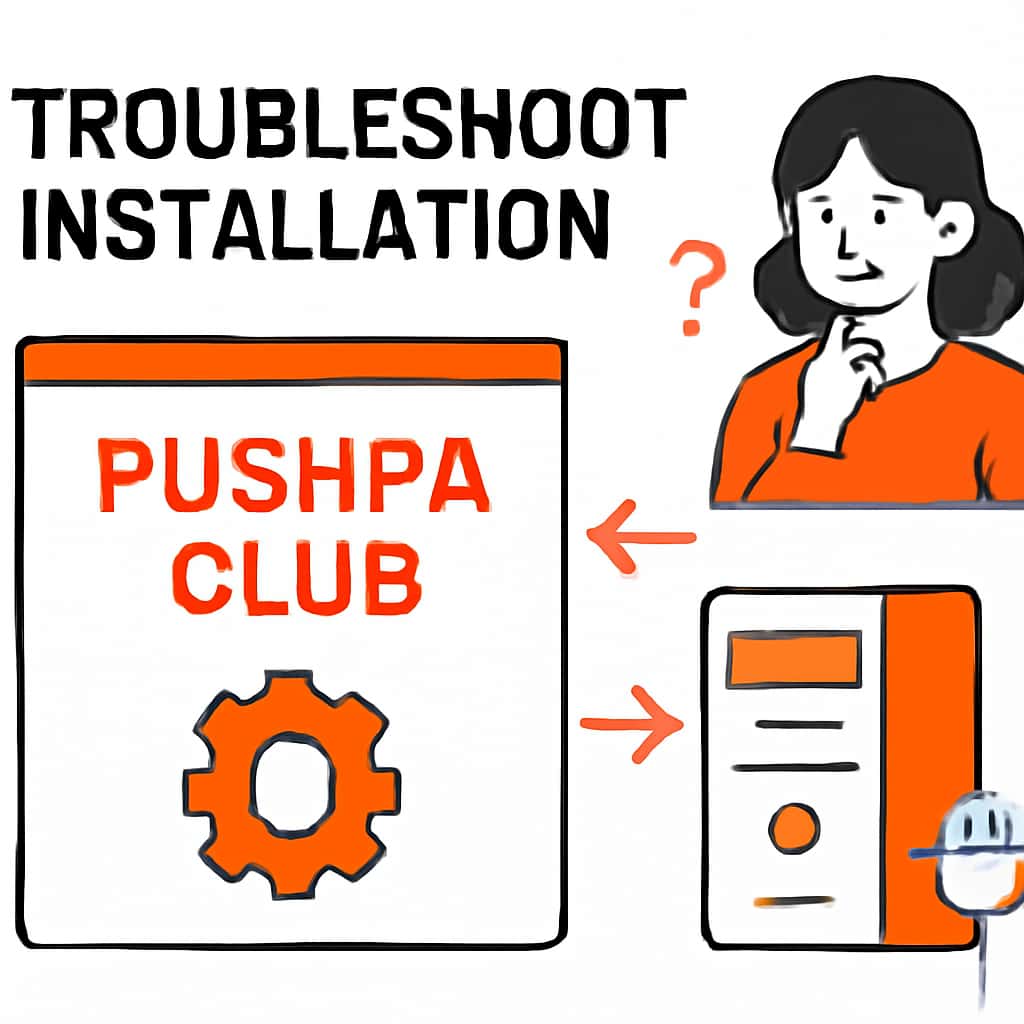 Illustration explaining troubleshooting steps for Pushpa Club Installation.